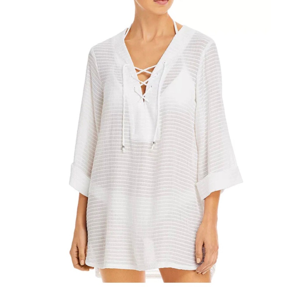 J. Valdi Lace up Shirt Swim Cover up White Striped Chenille Blend Sz Lg NEW